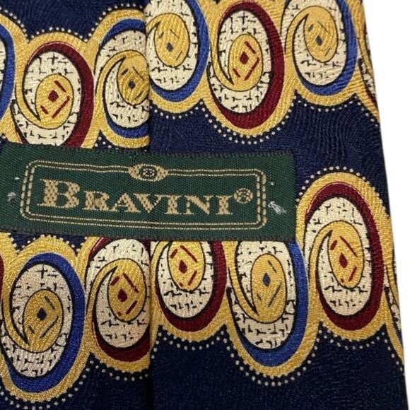 Bravini Silk Tie Quiet Luxury Old Money Geometric Blue Gold Made in USA … - Picture 6 of 7